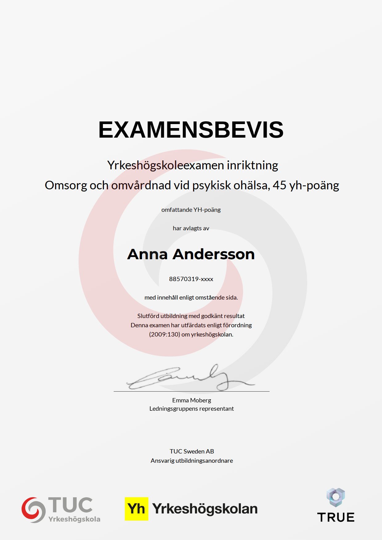 Example certificate for Omsorg och omvårdnad vid psykisk ohälsa, 45 yh-poäng from TUC Yrkeshögskola